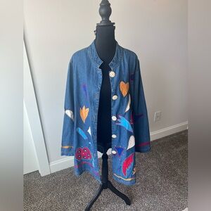 Indigo Moon Floral Embroidered
Long Denim Jean Jacket Coat XL
Womens Button up